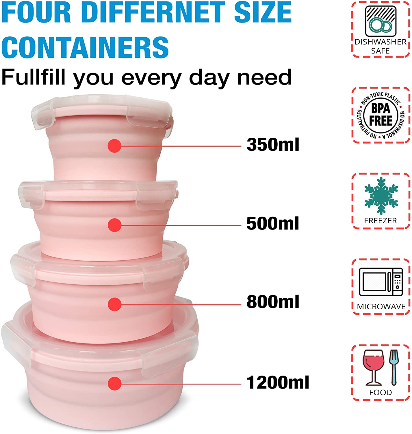 Pink Silicone Collapsible Portable Container (4 piece set available)