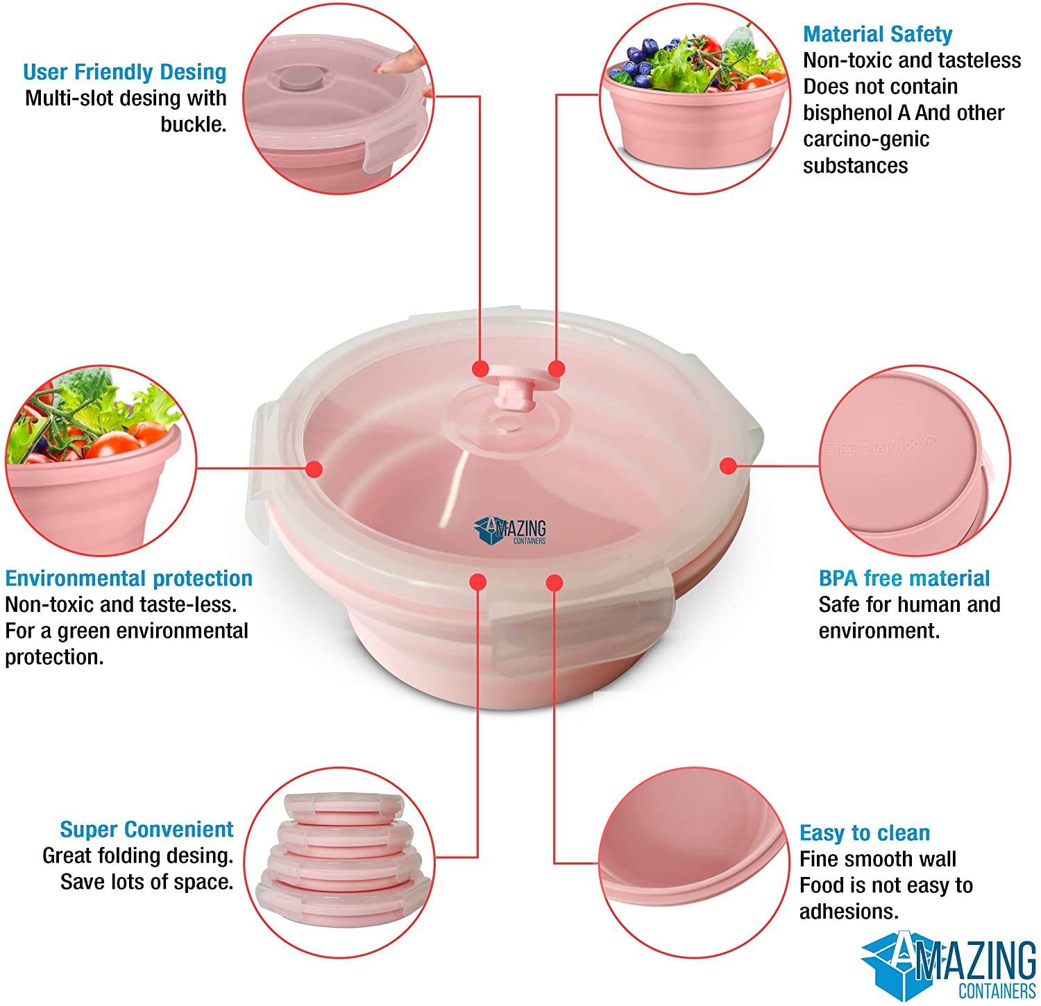 Pink Silicone Collapsible Portable Container (4 piece set available)