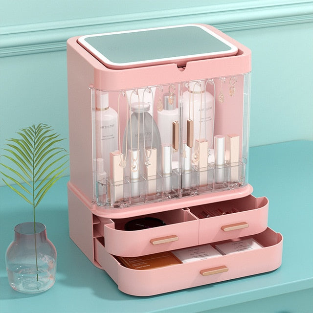 Pink Makeup Storage and Organizer Box with Mirror (with or without LED light)