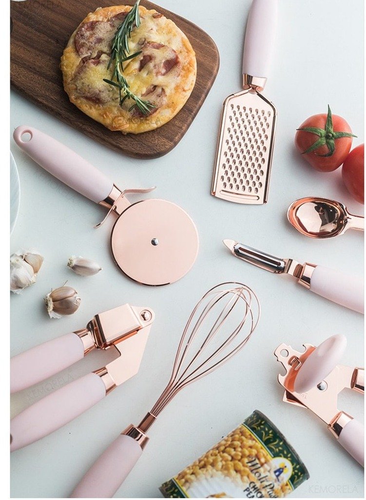 Pink 4 or 7PC "Kitchen Basics" Set with Rose Gold Stainless Steel