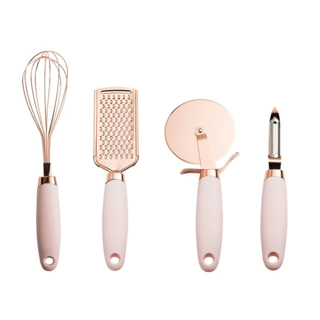 Pink 4 or 7PC "Kitchen Basics" Set with Rose Gold Stainless Steel